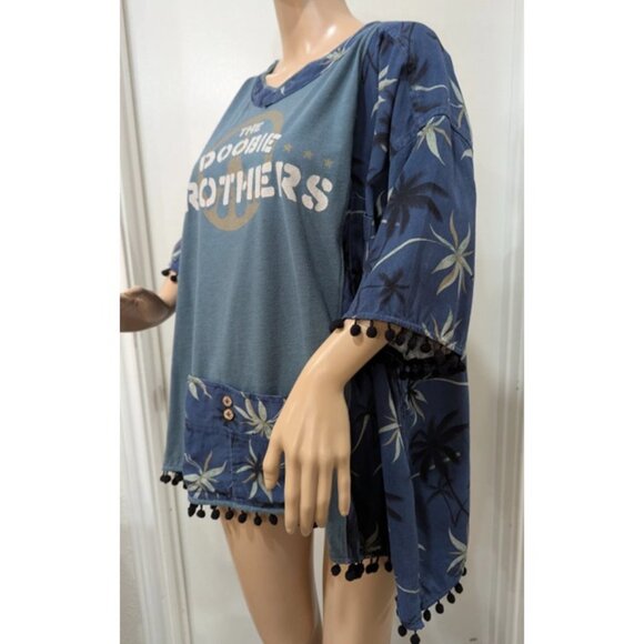 Upcycled Doobie Brothers Kaftan Top Ponch Top Graphic Boho Hippie One Size Blue - Picture 4 of 8